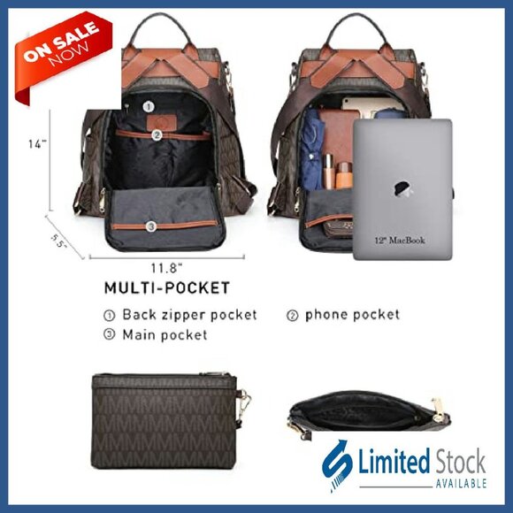 Vegan Leather Anti-Theft Backpack Purse Set with Multi Pockets main image 6